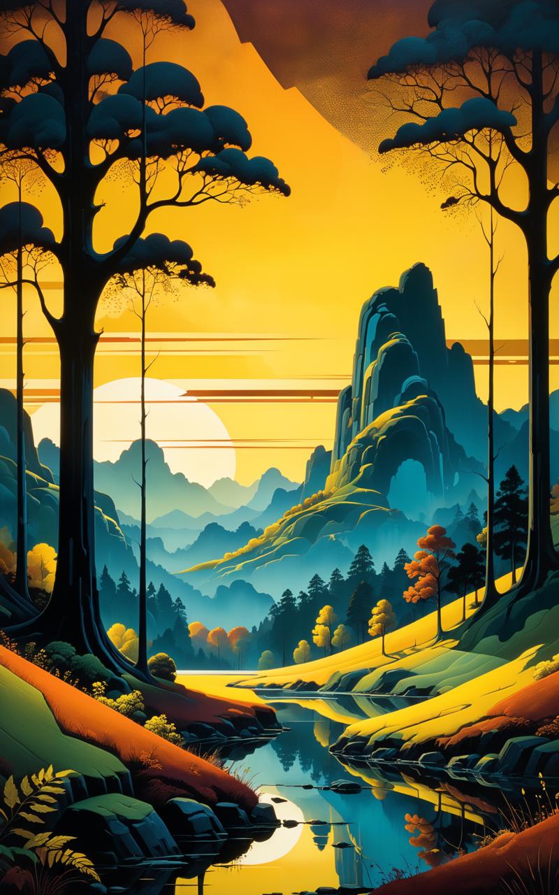 05606-3948574901-Create a painting of the base image landscape in the style of Eyvind Earle, complex background, medium_ old film grain, tetradic.png